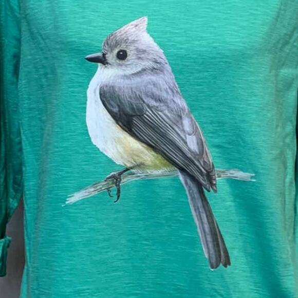 Hand Printed Upcycled Womens XL Tufted Titmouse Bird 3/4 Sleeve Cotton Tee - Picture 2 of 3